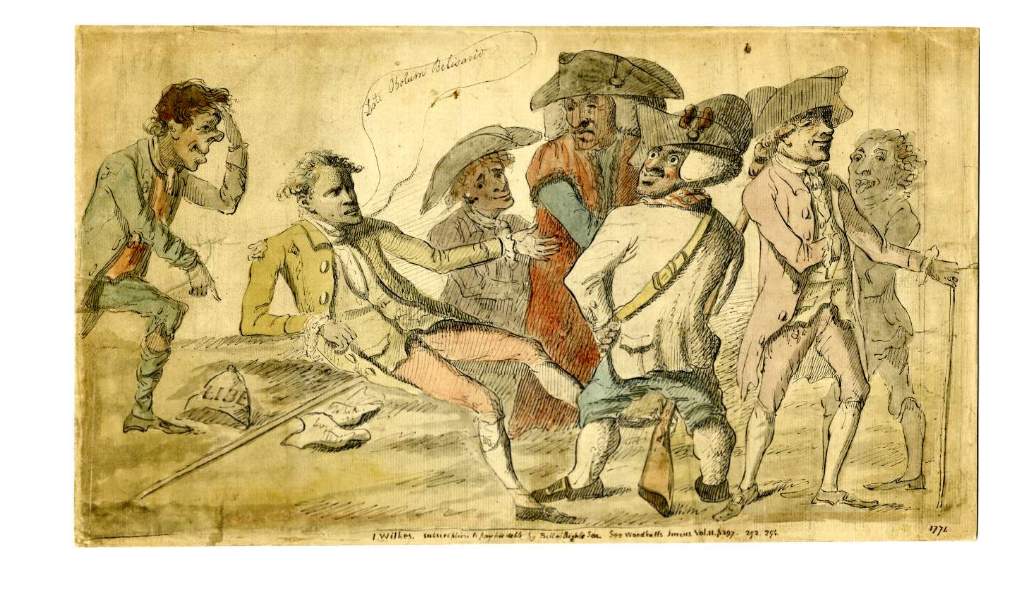 A print of seven men. 6 are stood and John Wilkes is sat, in a lounging position. four of them men who are stood are wearing hats, and one of these men have a gun. There is a speech bubble coming from Wilkes however it is difficult to read. There are scraps of paper around Wilkes, one which says 'Libe'.