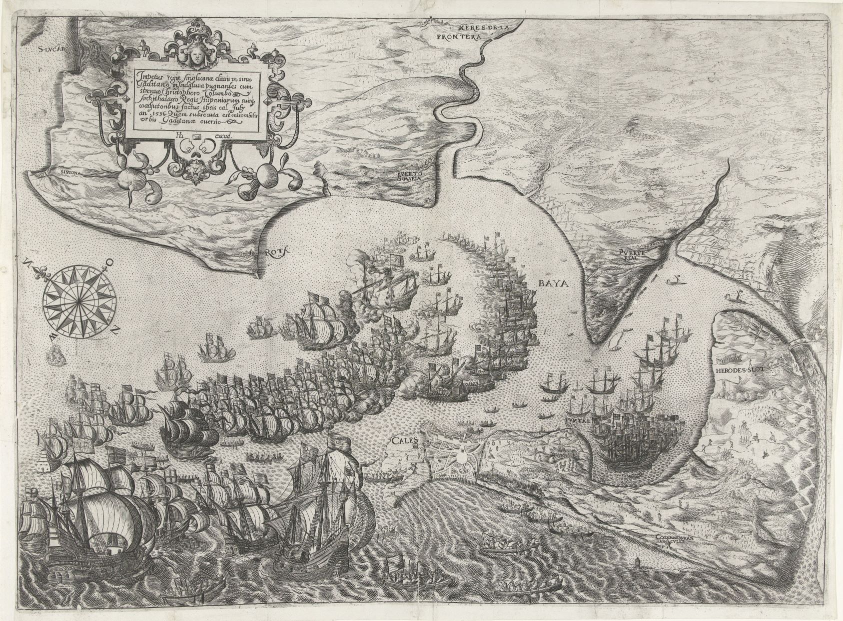 Black and white. There is land at the top half of the image, and water in the bottom half. The land is curved and has a river running from the sea up into the land. On the top left of the land is some writing in a frame which is not readable. On the top left of the water is a compass. On the rest of the water is lots of ships.