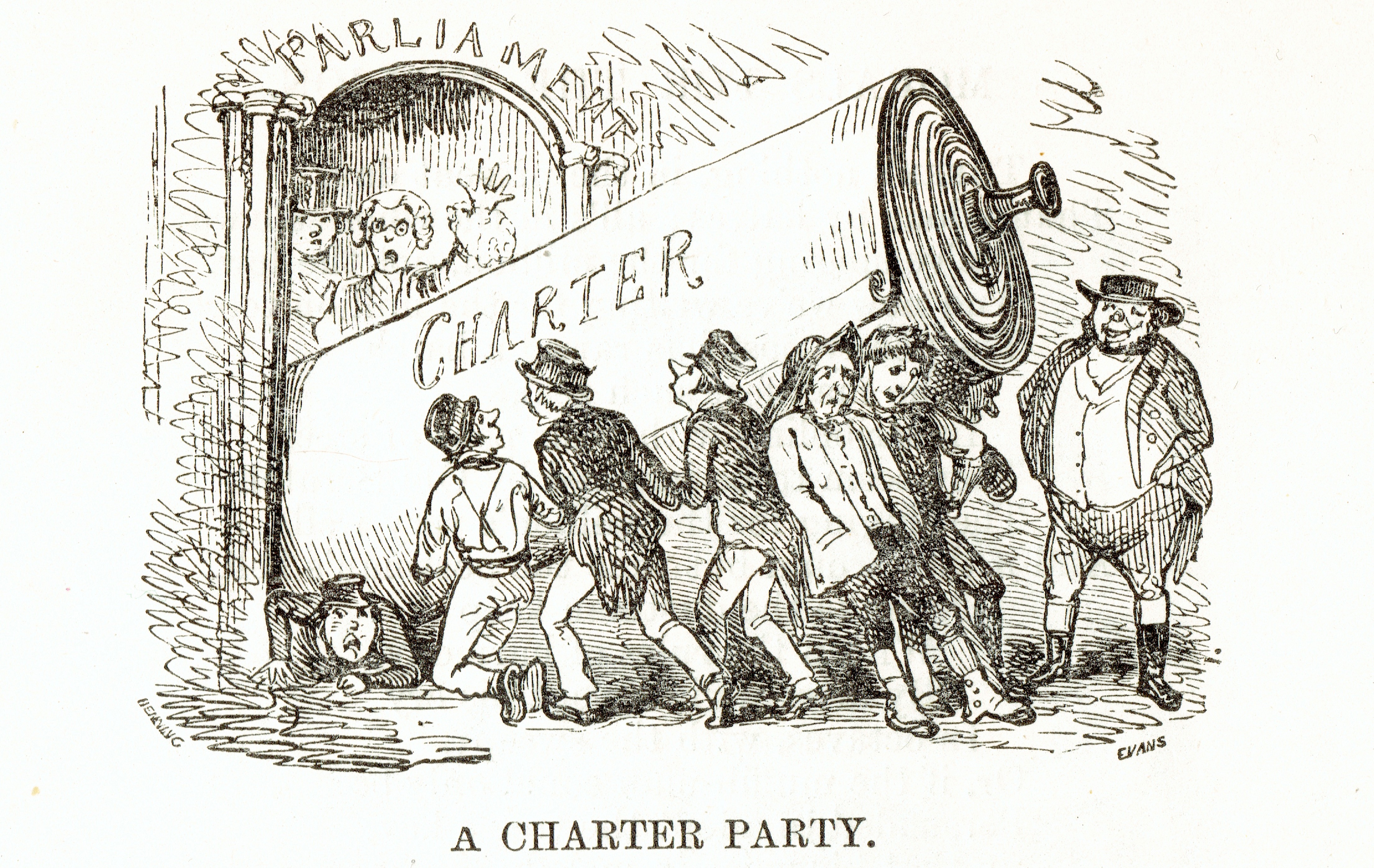 A drawing of 7 men attempting to carry a large petition with the word CHARTER written on it into Parliament. The petition is bigger than all of the people and almost too big to fit through the door. One person has been squished underneath it. There are two more men at the door of Parliament stood in shock.
