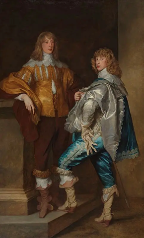 A portrait of two boys. Their bodies are facing each other but the boy on the right's head is turned towards the audience. The boy on the left is wearing a gold top and white collar, reddish trousers and boots, the boy on the right is wearing a silver and blue top and blue trousers with boots.
