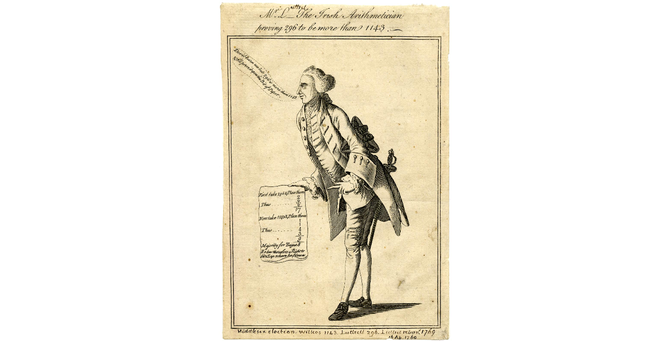 Picture of a man wearing a wig and frock coat holding a piece of paper.