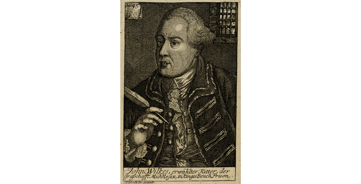 Engraving of a man wearing a light grey wig holding a pen and dressed in an embroidered coat, with an open waistcoat and frilly cravat. In the background is a grille showing he is in prison.