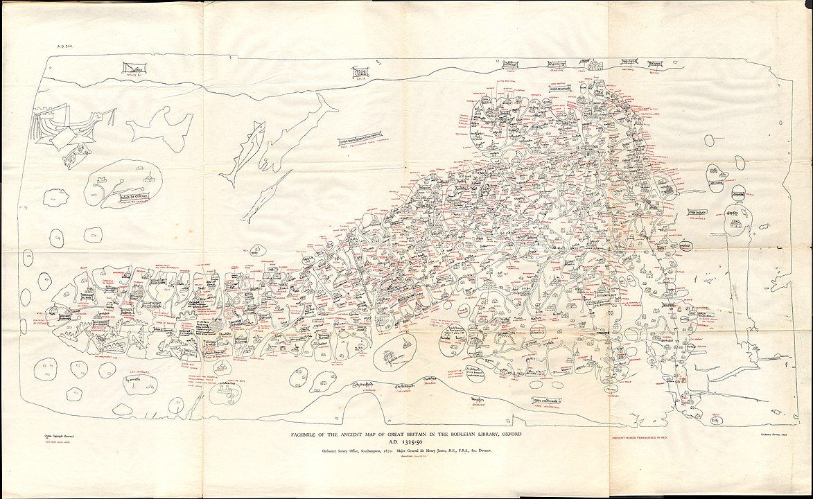 Line drawing map of Britain, based on a map from 1325. The North of Britain is on the left hand side of the page, with the wider Southern edge on the right. Location names are written in red and black small writing throughout the land mass.