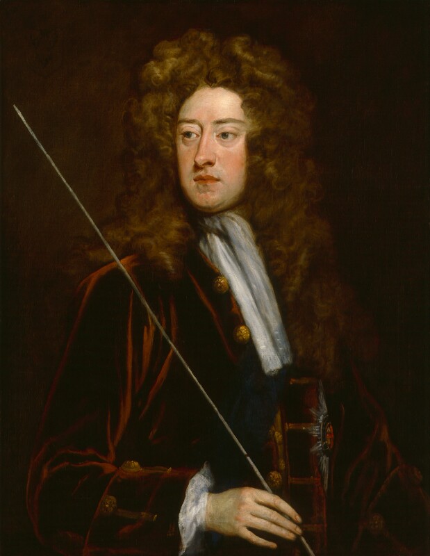 Oil portrait of a man. He is stood looking off to the right. He has a long curly brown wig which goes beyond his shoulders, and is wearing a red velvet jacket with white collar tied at the neck. A star emblem can be seen on his lapel. He is holding a long white rod in his right hand.