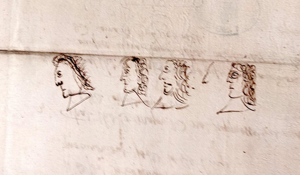 four scribbled heads of politicians from the House of Lords in 1642