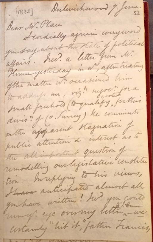 A picture of a letter written by Harriet Grote to Francis place.