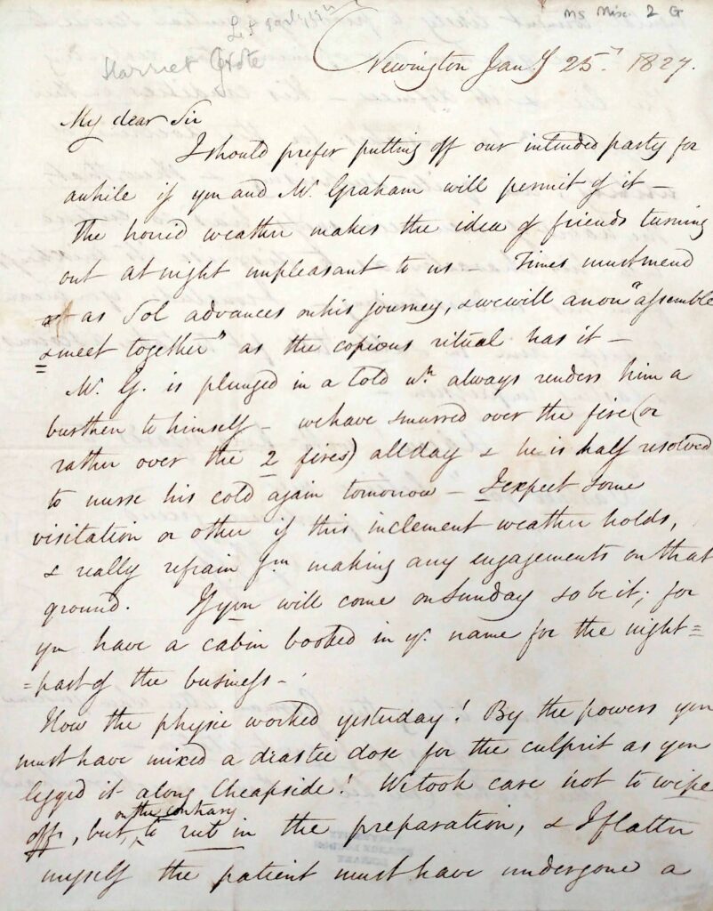 A handwritten letter from Harriet Grote in cursive rescheduling a salon with John Arthur Roebuck.