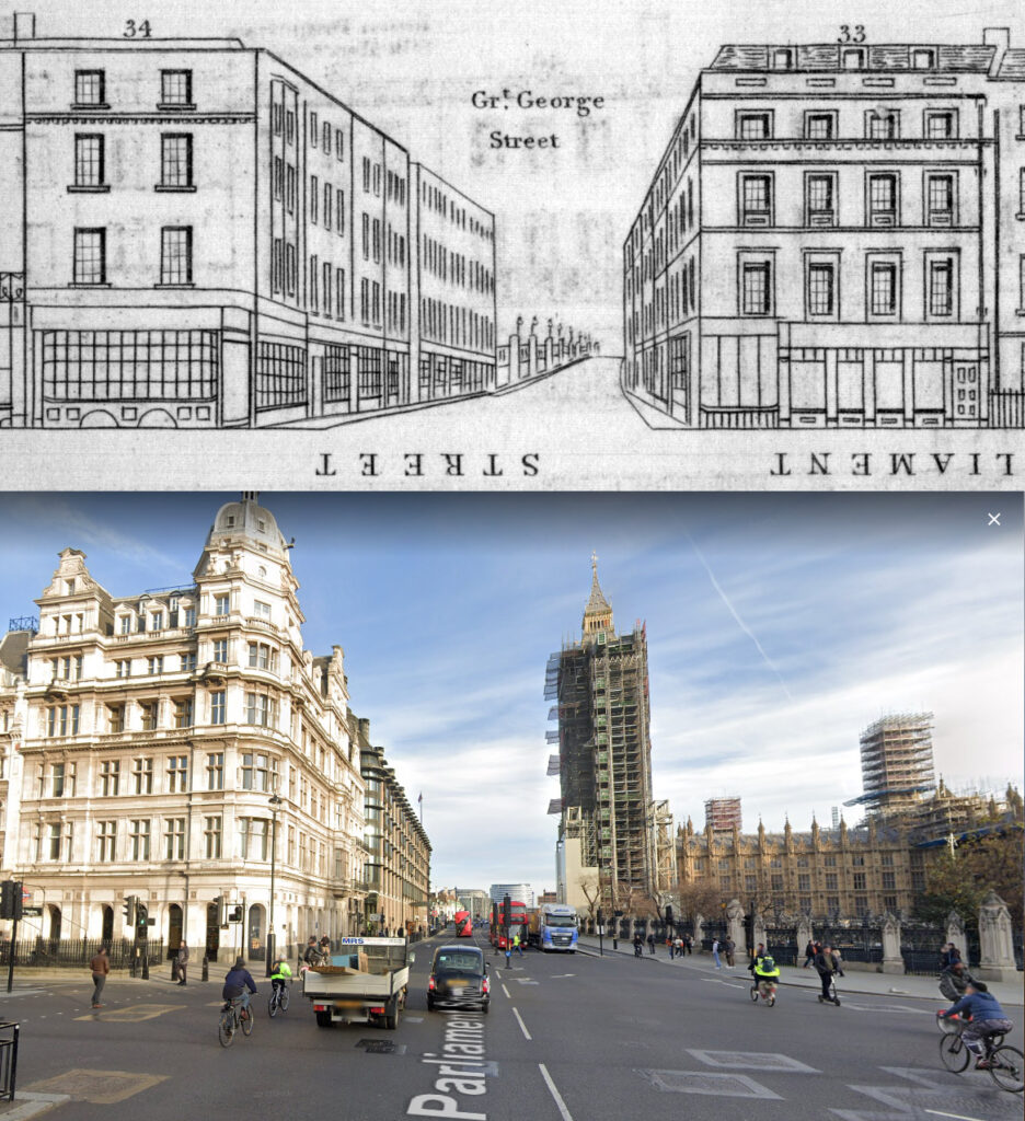 Two images on top of each other of the street view of 34 Parliament Street. On the top is a black and white line drawing of the street, on the left is 34 Parliament street and in the middle is a road Gr. George Street which goes towards a bridge. There is another building to the right which are both flat roofed and have four floors. The bottom image is a google maps street view. To the right is the houses of Parliament, with Big Ben under construction. On the road it is full of cyclists, buses and other cars.