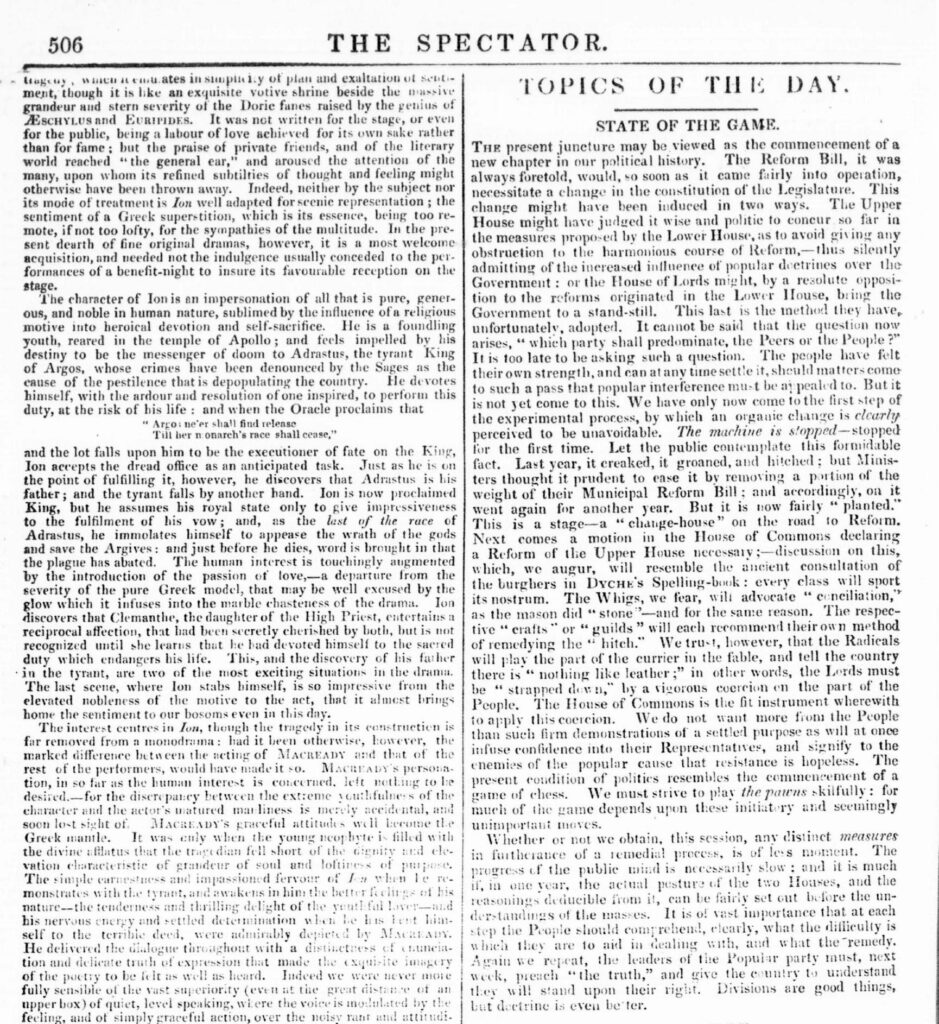 A copy of an article from a newspaper written by Harriet grote in a column titled topics of the day, with the piece titled state of the game.