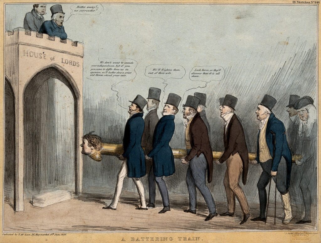 Two men stood high up on a crenelated building inscribed "House of Lords" peer down at a group of politicians in top hats carrying a battering ram with the head of Daniel O'Connell.