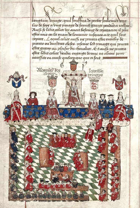 A 16th century depiction of Edward I's parliament of 1278. At the front of the room overlooking the parliament is Edward I in the middle on his throne, with Alexander King of Scots to his left and Llywelyn ap Gruffydd the sovereign Prince of Wales to his right. On the far right is the Archbishop of York and the far left the Archbishop of Canterbury. On the green and white checkered floor sits the assembled parliament on benches around the square floor, with some members sitting on larger square cushions in the middle. Half the assembly is adorned in red robes and black hats, with the other half in abbot attire in black robs and white hats.