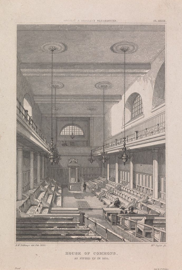 A line engraving titled 'House of Commons as fitted up in 1835. In the foreground there is a walkway into the middle of the room, with four rows of benches either side. The middle of the room is empty, but either side there are four sets of benches and four rows. At the end is the Speakers Chair, which is low to the ground. Above each side is a balcony. There are six chandeliers lowly hanging from the roof.