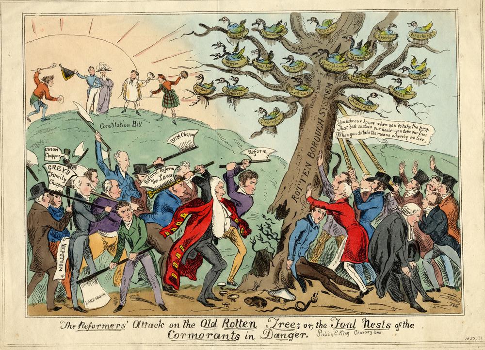 A satirical print titled 'The Reformers' attack on the Old Rotten Tree; or, the Foul Nests of the Cormorants in Danger'. It depicts a group of men to the left, the Reformers, attacking with axes a decayed tree, which says 'Rotten Borough System' on the trunk, which anti-Reformers to the right try to support, with arms or props. In the branches of the tree are multiple nests each with cormorants in. Each nest and branch represent a rotten borough that are to be removed through the1832 Reform Act. At the base of the trunk which has been chopped, six snakes are emerging launching towards the reformers, as well as there being toadstools and a rodent at the base of the tree. In the background to the left behind the reformers on a hill labelled Constitution Hill, with the rising sun behind them is the King waving his hat, the Queen and three others overlooking the battle.
