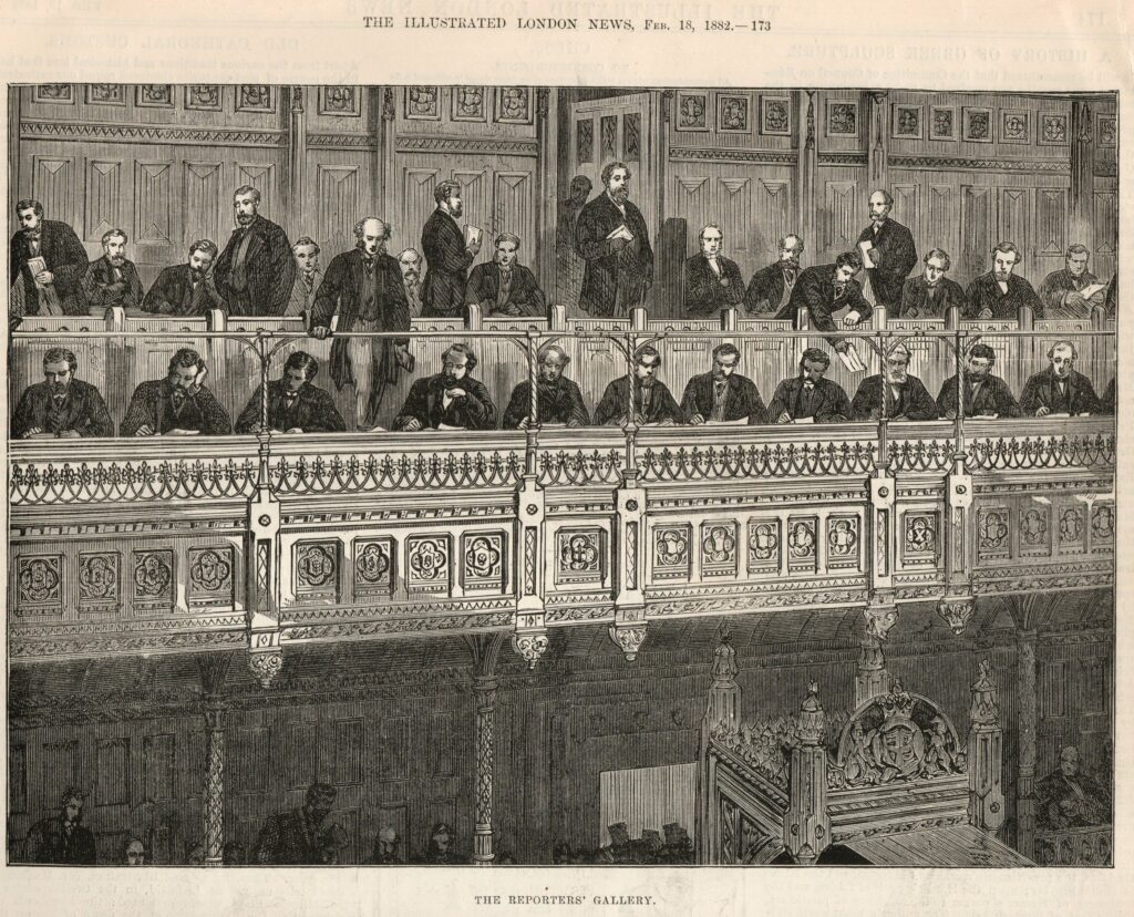 A black and white sketch of the reporters' gallery in the House of Commons. Sat across two rows are men in black suits observing the Commons from above on a balcony. Undearneath the balcony you can see the top of the Speaker's chair. 