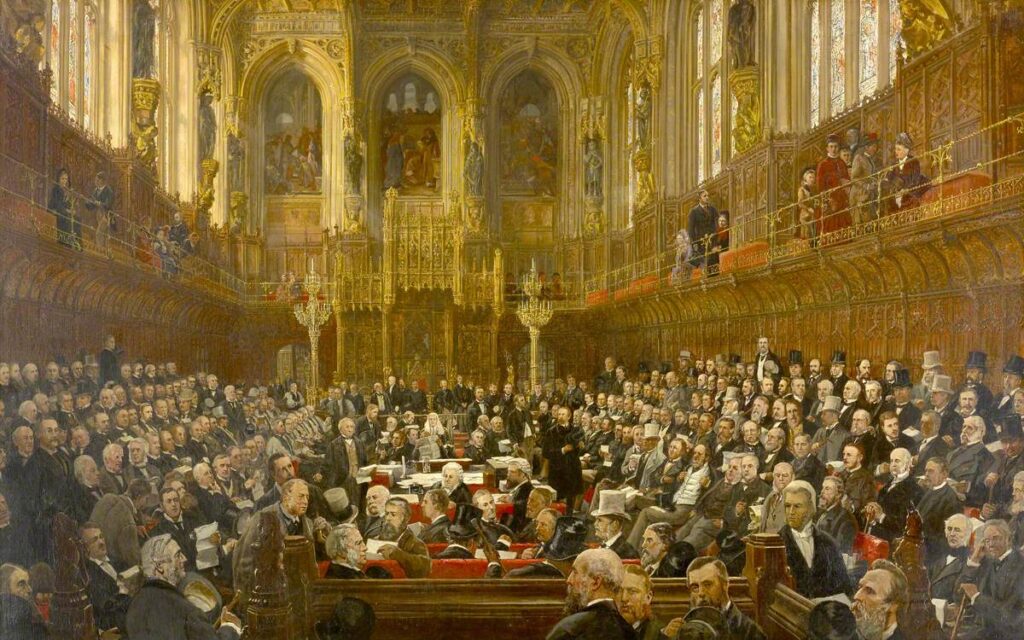 A painting of the modern House of Lords chamber. The chamber is full of peers sitting down on rows of red benches. In the background of the room is the Sovereign Chair, with a golden decorated surrounding.